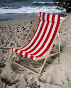 Ahşap Katlanır Şezlong Bahçe Balkon Plaj Şezlongu - Kırmızı